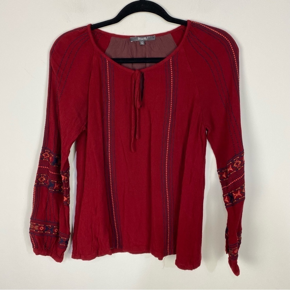 Miss Me Red Embroidered Long Sleeve Boho Bohemian Top Western Rodeo